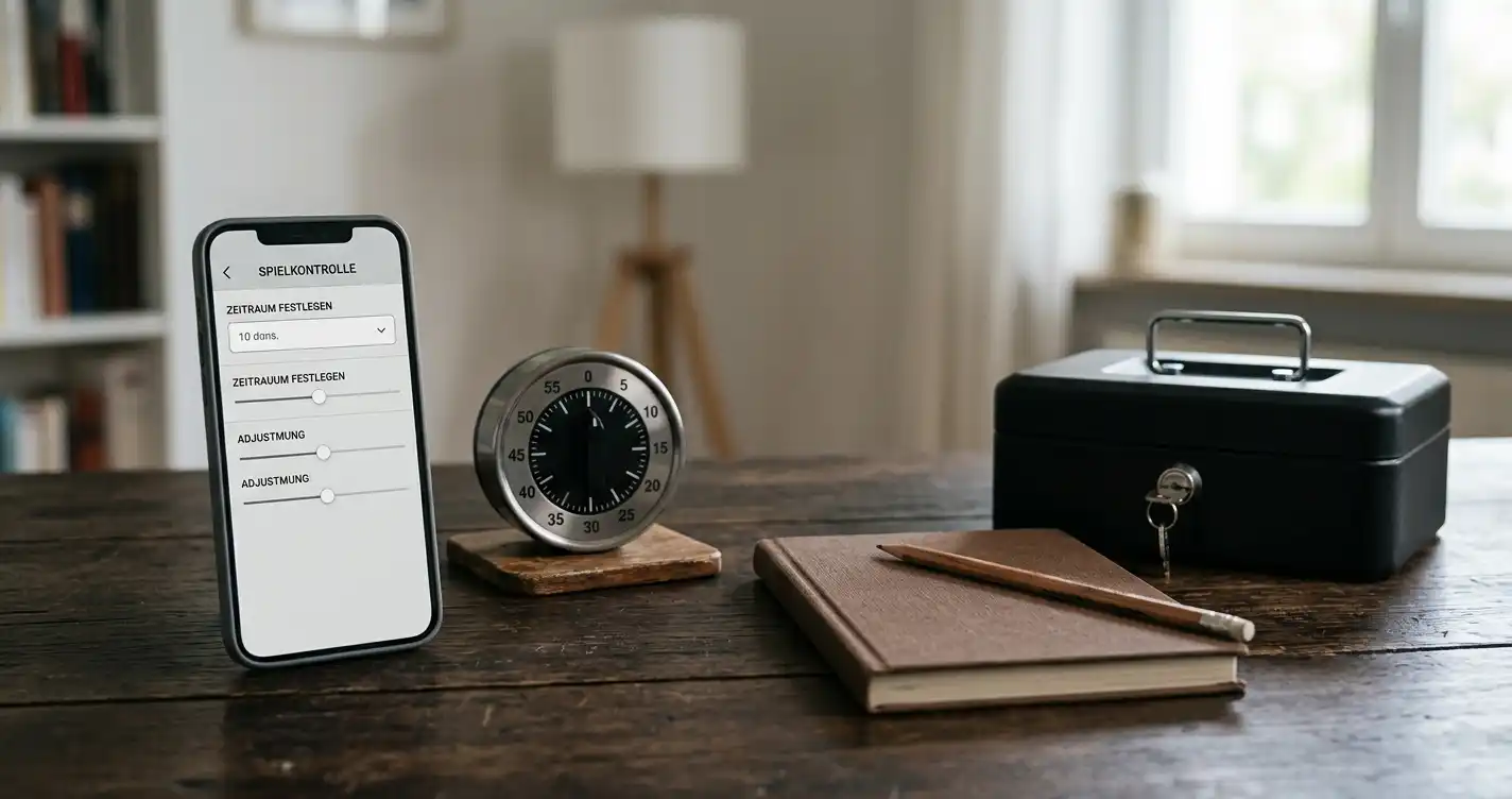 Smartphone neben Timer, Notizbuch und verschlossener Geldbox