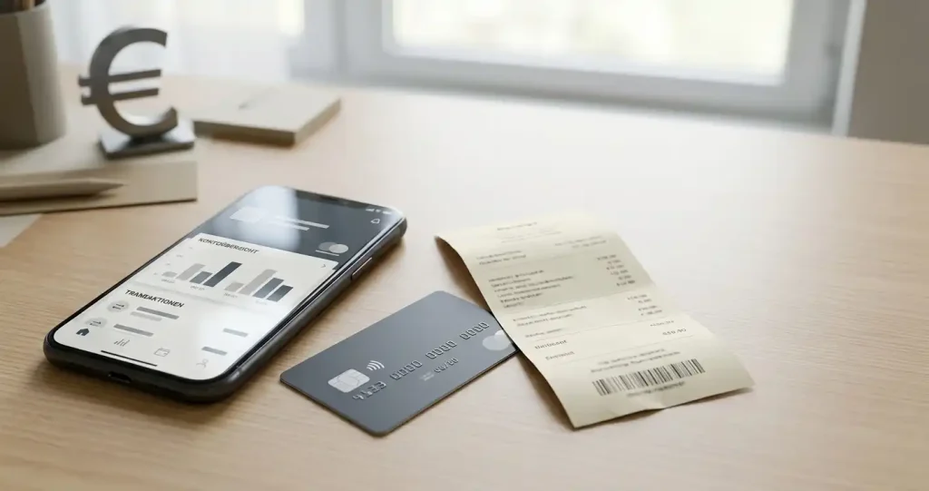 Smartphone, Bankkarte und Überweisungsbeleg auf einem Schreibtisch