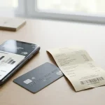 Smartphone, Bankkarte und Überweisungsbeleg auf einem Schreibtisch