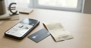 Smartphone, Bankkarte und Überweisungsbeleg auf einem Schreibtisch