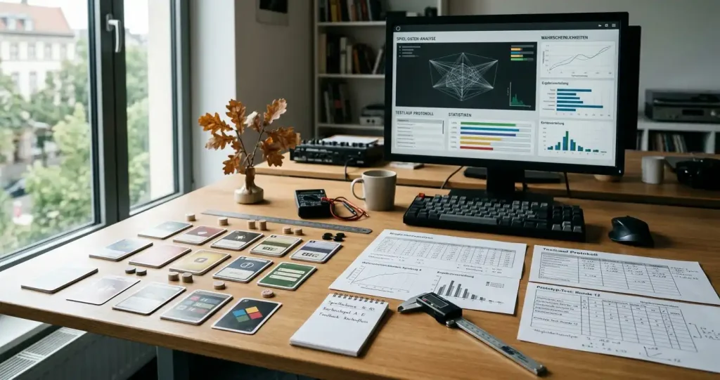 Arbeitsplatz mit abstrakten Spielkarten, Testdiagrammen und einem neutralen Prüfgerät