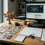 Arbeitsplatz mit abstrakten Spielkarten, Testdiagrammen und einem neutralen Prüfgerät