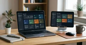 Laptop und Tablet mit abstrakten Spielkacheln in einem redaktionellen Arbeitsbereich