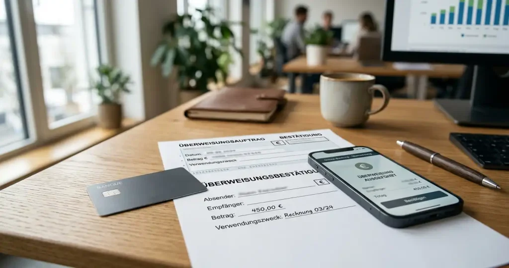 Bankkarte, Smartphone und Euro-Symbole auf einem Schreibtisch